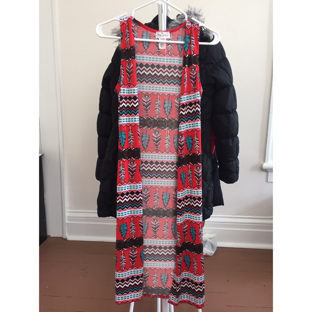 Red Turquoise Sleeveless Aztec Print Cardigan